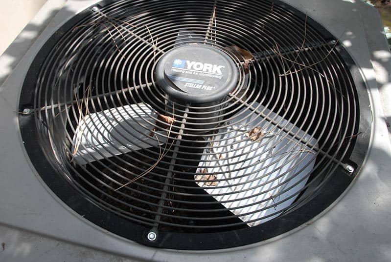 A York outdoor air compressor with leaves and pine needles sitting on top. 