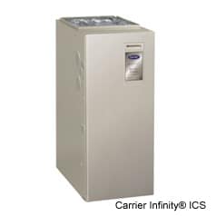 A Carrier infinity gas furnace in white background.