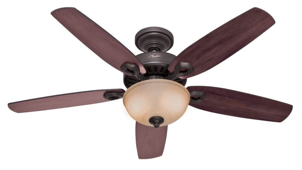 A traditional style ceiling fan, with a center toffee glass light bowl.