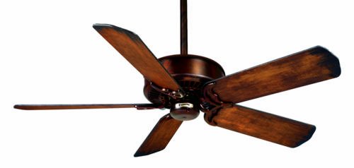 A five-bladed, rustic style ceiling fan over a white background.