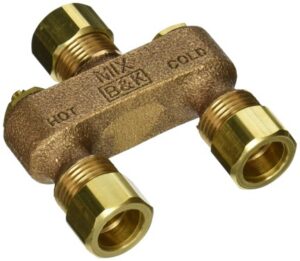 Anti-sweat toilet tank brass valve with hot and cold indicator.