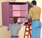 3d image of two people hanging a cabinet on the wall. 