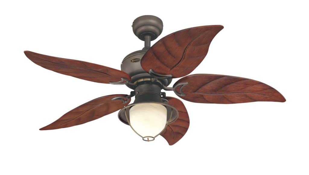 Tropical style ceiling fan, including center light and mahogany-colored palm leaves blades.