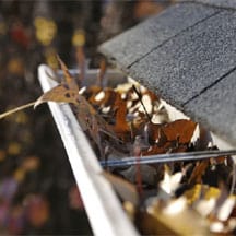 House’s aluminum rain gutter filled with dried leaves.