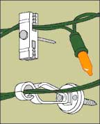 Drawing of tube-light and nail-on clips holding strings of Christmas lights.