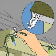 Drawing of a hand stringing Christmas lights into plastic gutter clips. 