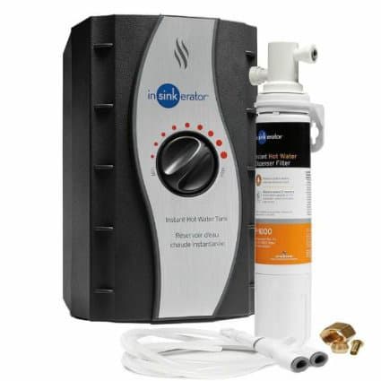 Insinkerator instant hot water tank and filtration system, including screws and tubes.