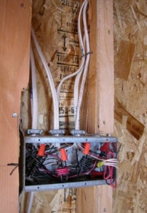 Nonmetallic cable is routed between wall studs; switches and receptacles fasten to electrical boxes.