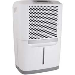 Frigidaire 50 pint white dehumidifer with water level indicator and honeycomb grill design.