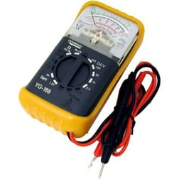 Mastech yellow analog multimeter including needle-tip red and black probes.
