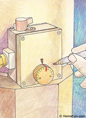 Illustration of a hand marking a water heater temperature control dial with a felt-tip pen.