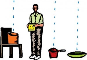 Drawing of a man placing pans beneath lines of dripping water.