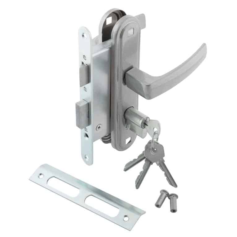 Silver finish Mortise lockset, with a lever-type handle over a white background.