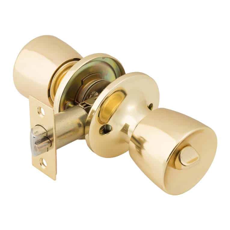 Polished brass finish, interior cylindrical doorknob over a white background.