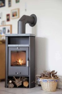 Modern wood stove offers clean lines and efficient heating.