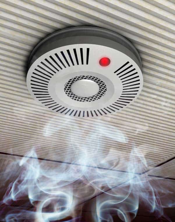 Smoke detector emits an ear-piercing alarm at the first sign of smoke. Be sure to test it periodically by pressing the test button.