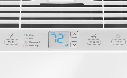 Digital control panel below an air conditioning unit's front grille.