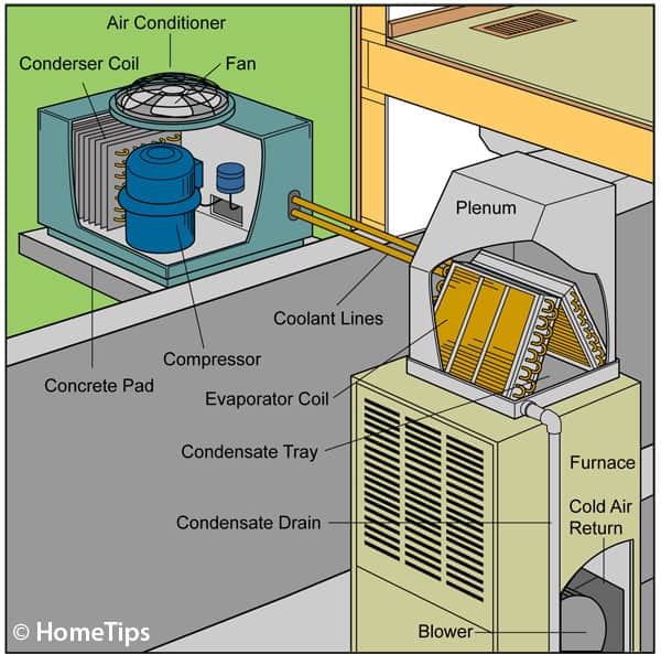 Cut-away diagram of a central airconditioning system, including compressor and condenser connected to a furnace.