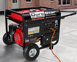 A DuroStar portable electric generator with two wheels.