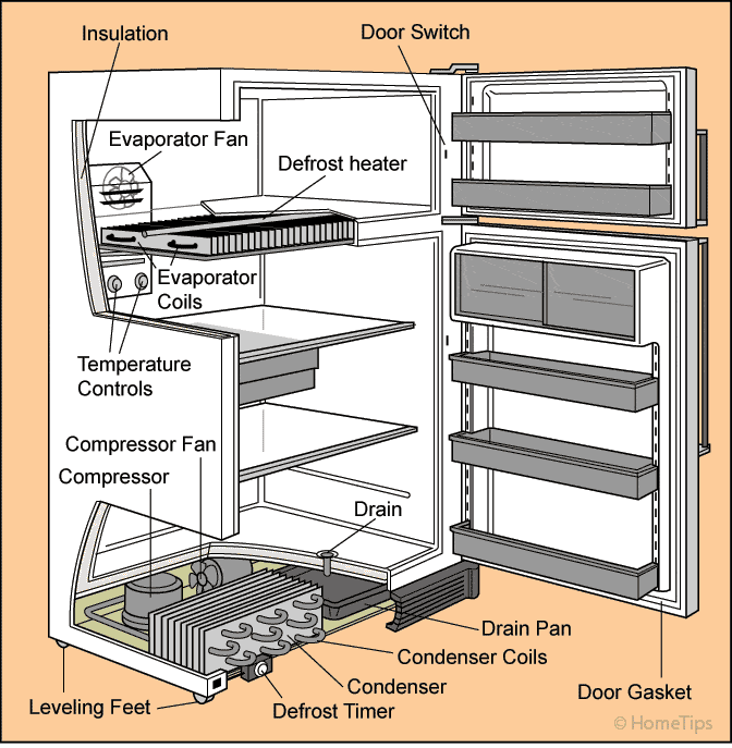Cutaway diagram of a refrigerator including internal and external parts.