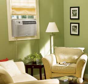 Light green living room with a sofa set and window-type air conditioner.