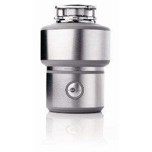 InSinkErator garbage disposal in silver finish, over a white background.