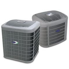 Two units of high efficiency heat pumps over a white background.