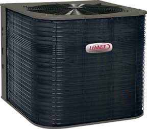 A black Lennox high efficiency heat pump. 