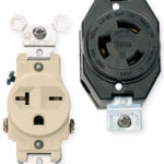 240-volt black and beige receptacles with three unique plug-in slots.