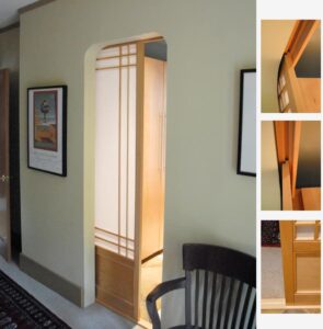 Wooden pocket sliding door with translucent panels.