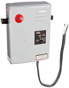 A flow-through, under-counter electric water heater, with adjusting dial and wiring.  