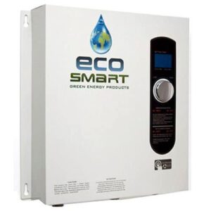 A high-flow, electric tankless water heater, over a white background.