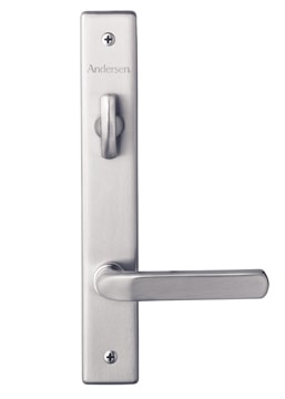 Satin nickel, lever-style lockset over a white background.