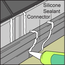 White silicone sealant applied to gutter seams. 