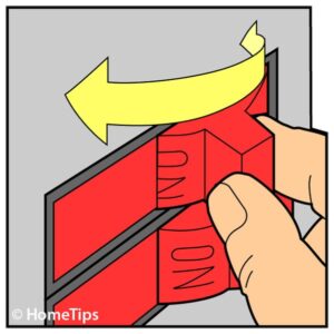 Diagram of fingers turning off two red circuit breakers.