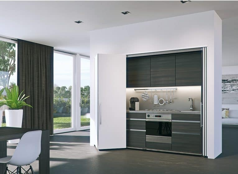 Modern white bi-fold doors that recess at the sides.