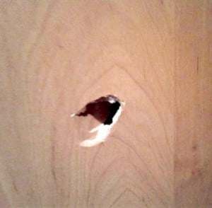 A hole in an interior hollow-core door.