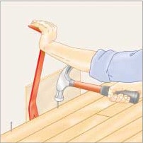 Illustration of a man’s hand, nailing and inserting a final strip with a pry bar.