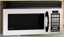 A chrome-finished, above-range digital microwave oven.