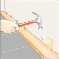 Drawing of a man’s hand, nailing a floor board beside a wall base spacer.