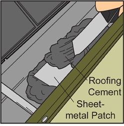 Metal sheet patch on a gutter including roofing cement applied onto with a scraper.