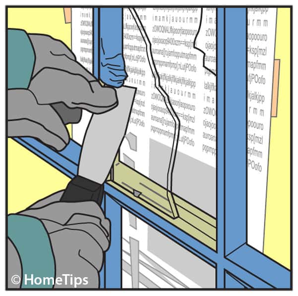 Drawing of a man's hands chiseling old putty on a broken window's muntin.