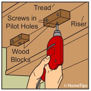 Man's hands screwing wooden blocks under a tread, and against the riser of a staircase.