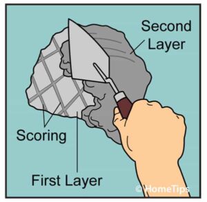 Drawing of a man’s hand applying stucco using a mason’s trowel on a scored layer.