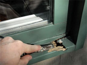 Man's hand removing rot on a window sill using a chisel.