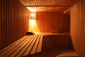 A sauna's wooden interior, including bench, ceiling, floor, and walls.