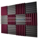 A panel of square foam soundproofing panels in purple and grey.