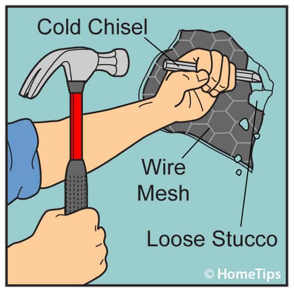 Diagram of a man’s hands hammering loose stucco on wire mesh with a cold chisel.