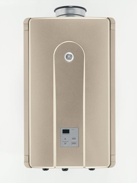 GE whole-house, tankless water heater over a white background.