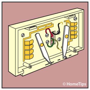 Diagram of an electronic thermostat’s base including colored wires and terminal screws.